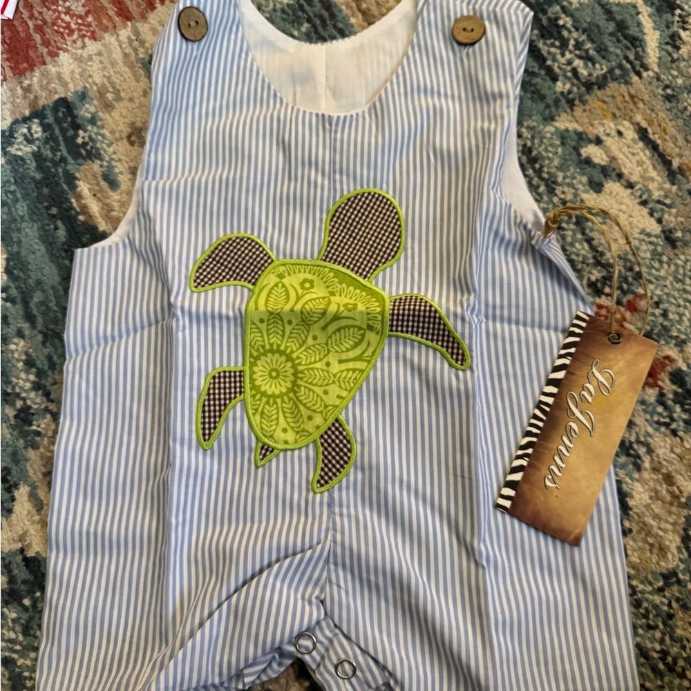 Blue and White Striped Diaper Cover with Turtle Design
